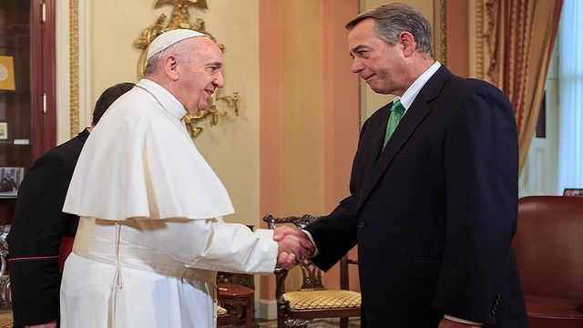 Outgoing House Speaker John Boehner with Pope Francis. He becomes the first Pope to address a joint sitting of the Congress. Photo from John Boehner/Flickr