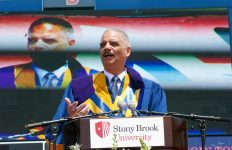 Former US Attorney General Eric Holder spoke to Stony Brook graduates about what they need to do in order to achieve their goals. Photo by Kayla Shults.