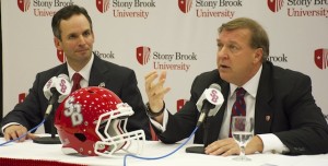 Shawn Heilbron, left, was introduced by Samuel L. Stanley, Jr., as Stony Brook University's new director of athletics. Photo by Trevor Christian (May 9, 2014)