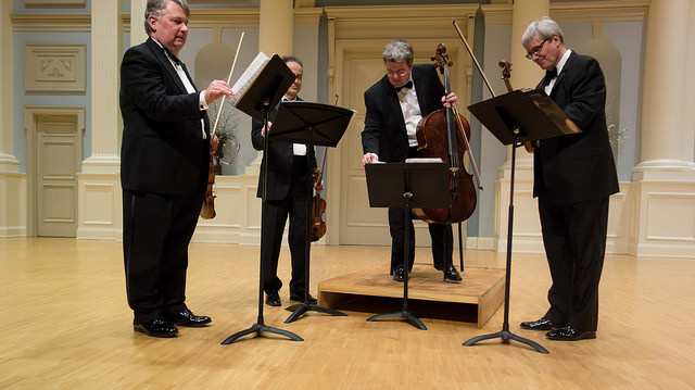 Emerson String Quartet at Samford University, Alabama (Left to Right) Philip Setzer, Eugene Drucker, Paul Watkins, Lawrence Dutton.
Photo courtesy of Ralph Dally (Mar. 18, 2014)